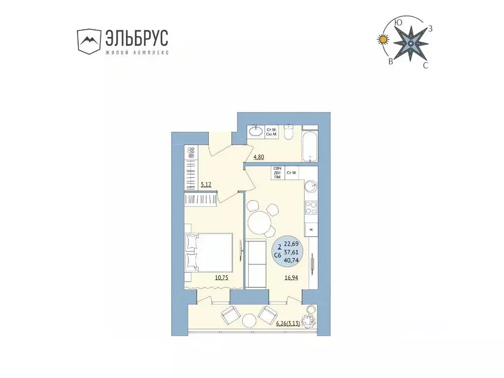 2-к кв. Башкортостан, Уфа Кавказская ул., 24 (40.74 м) - Фото 0