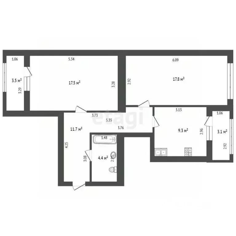 2-к кв. Калининградская область, Калининград ул. Баженова, 13В (60.7 ... - Фото 1