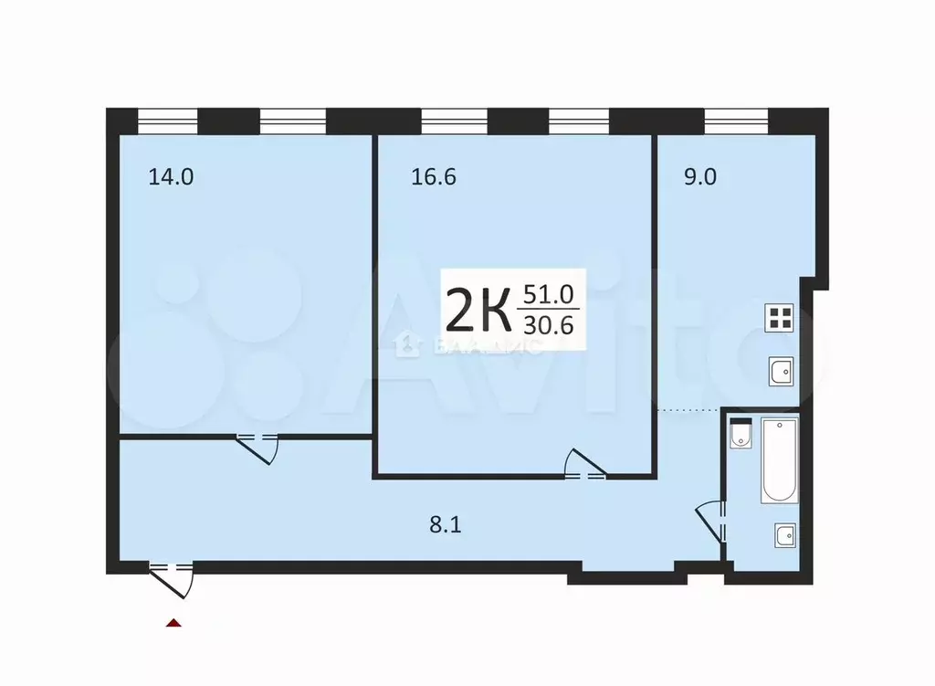 2-к. квартира, 51 м, 4/4 эт. - Фото 0