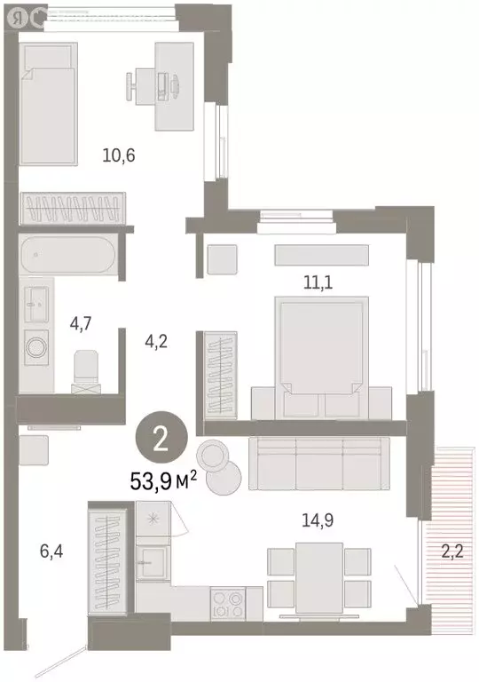2-комнатная квартира: Тюмень, жилой комплекс Зарека (53.88 м) - Фото 1