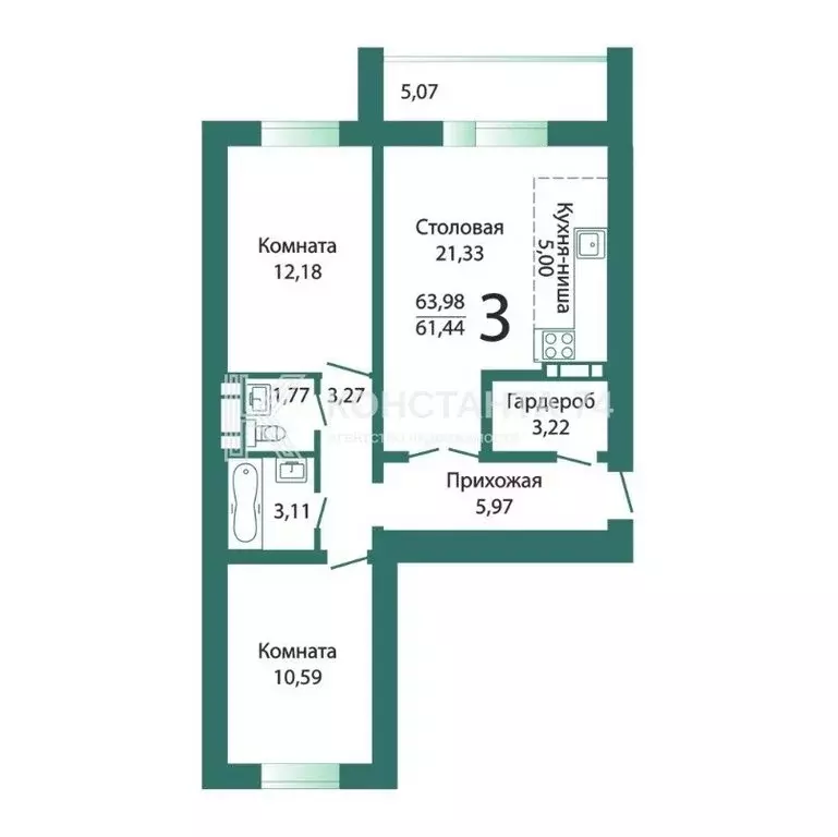 3-комнатная квартира: Миасс, проспект Макеева, 84 (63.98 м) - Фото 1