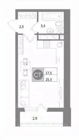 Студия Тульская область, Тула ул. Купцов Гречихиных, 10 (25.3 м) - Фото 2
