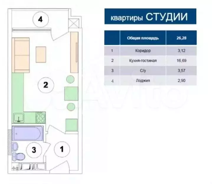 Квартира-студия, 27 м, 14/19 эт. - Фото 0