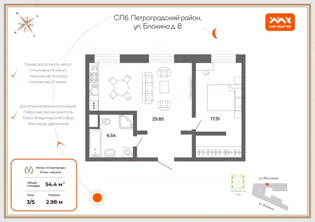 2-к кв. Санкт-Петербург ул. Блохина, 8 (54.4 м) - Фото 1