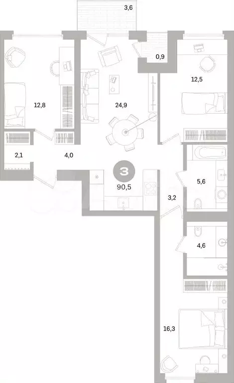3-к. квартира, 91 м, 5/16 эт. - Фото 0