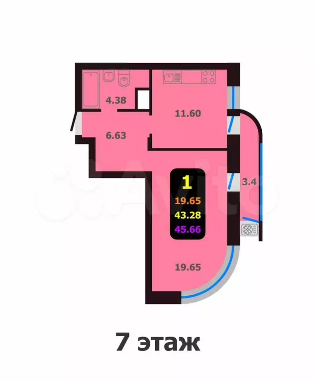 1-к. квартира, 45,7 м, 5/13 эт. - Фото 0