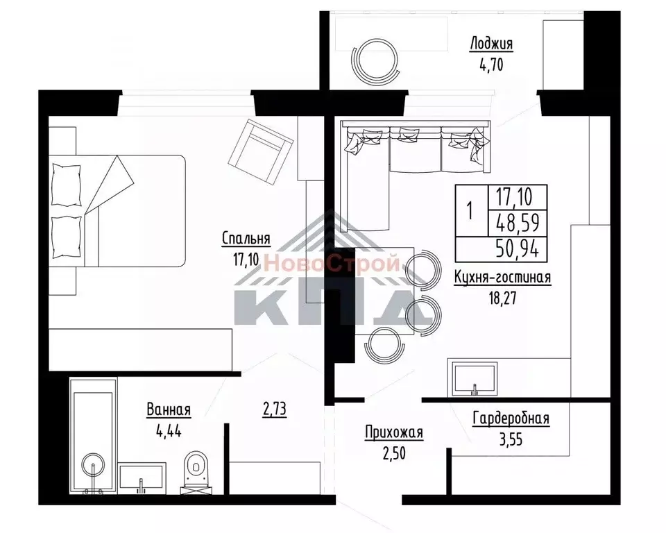 1-к кв. Омская область, Омск ул. Леонида Маслова, 7 (50.94 м) - Фото 1