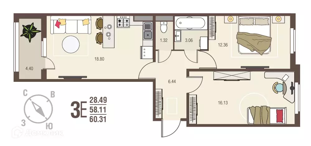 Продаётся 2-к квартира, 60.31 м - Фото 0