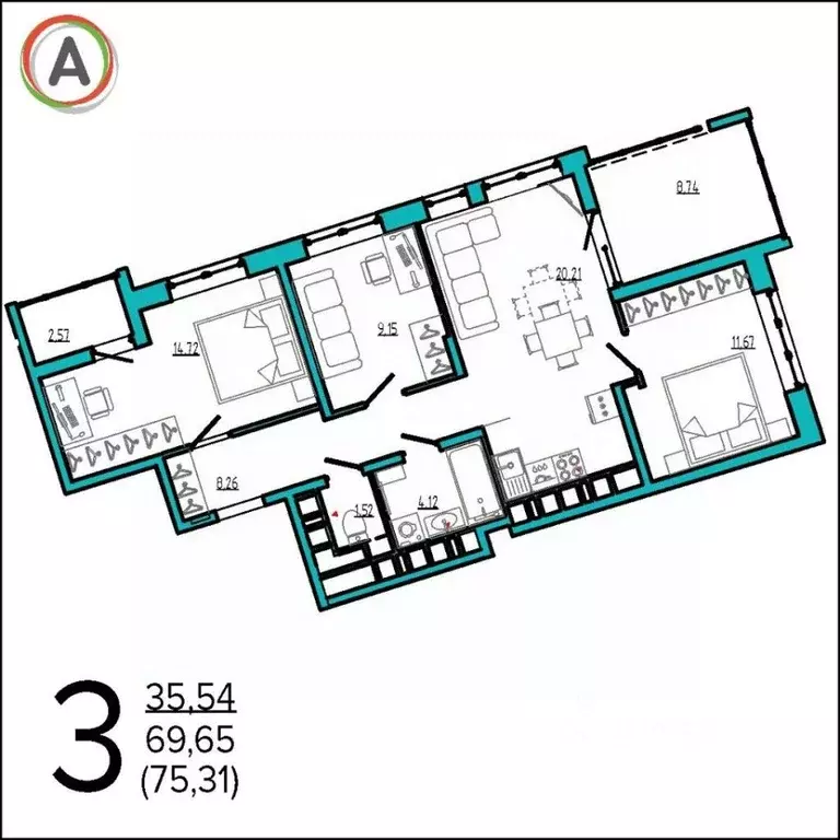 3-к кв. Брянская область, Брянск Бежицкая ул., 21Б (75.31 м) - Фото 0