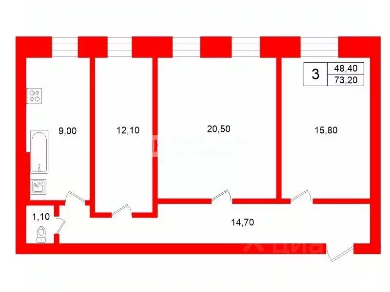 3-к кв. Санкт-Петербург 15-я Васильевского острова линия, 70 (73.2 м) - Фото 2