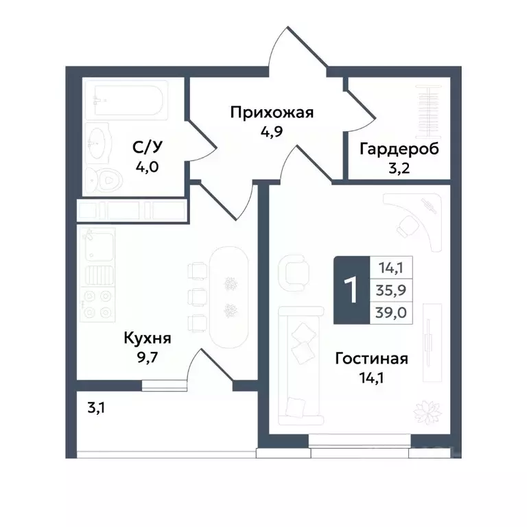 1-к кв. Ставропольский край, Ставрополь ул. Андрея Голуба, 11Б (39.0 ... - Фото 1
