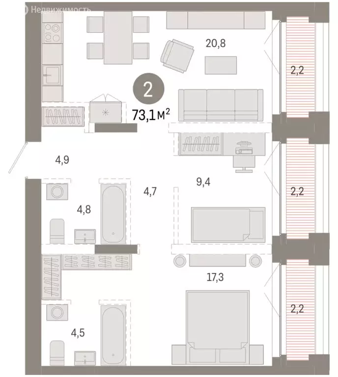 2-комнатная квартира: Новосибирск, Октябрьский район, микрорайон ... - Фото 2