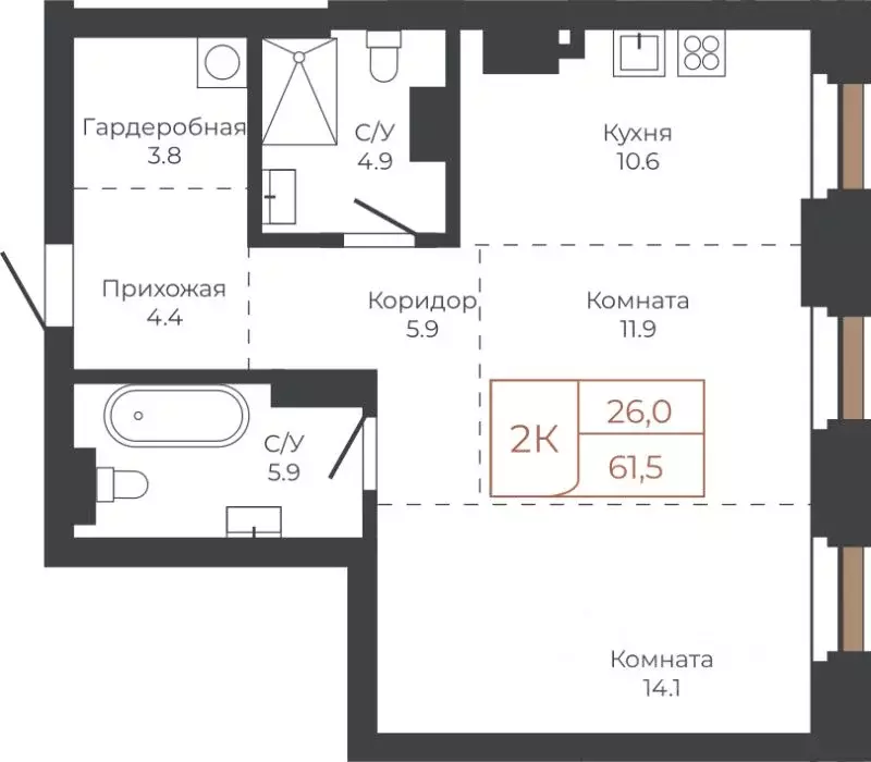 2-к кв. Алтайский край, Барнаул пл. Баварина, 8к1 (60.8 м) - Фото 1