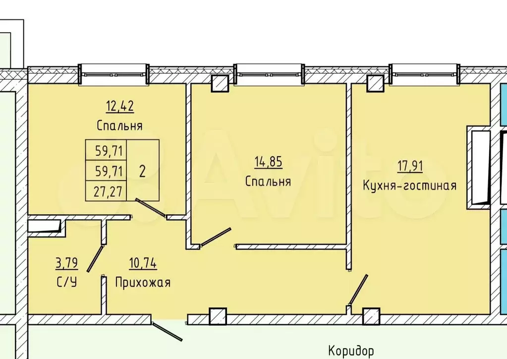 2-к. квартира, 60 м, 4/14 эт. - Фото 0