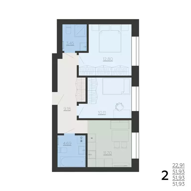 2-комнатная квартира: село Ленино, проспект Мечты, 2 (51.93 м) - Фото 1