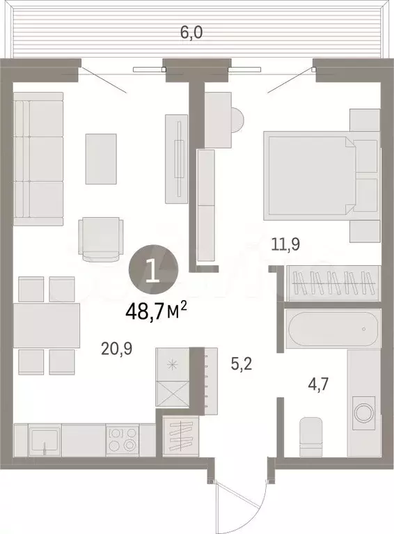 1-к. квартира, 48,7 м, 7/15 эт. - Фото 1