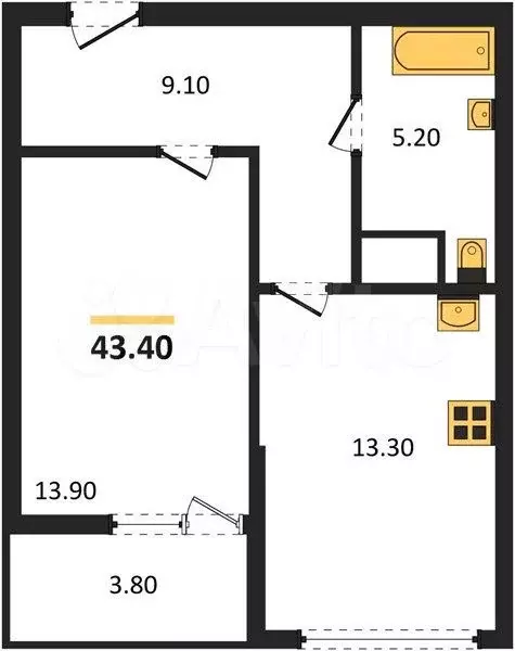 1-к. квартира, 43,4 м, 2/4 эт. - Фото 1