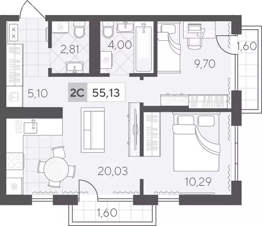 2-комнатная квартира: Тюмень, улица Василия Малкова, 12 (55.13 м) - Фото 1