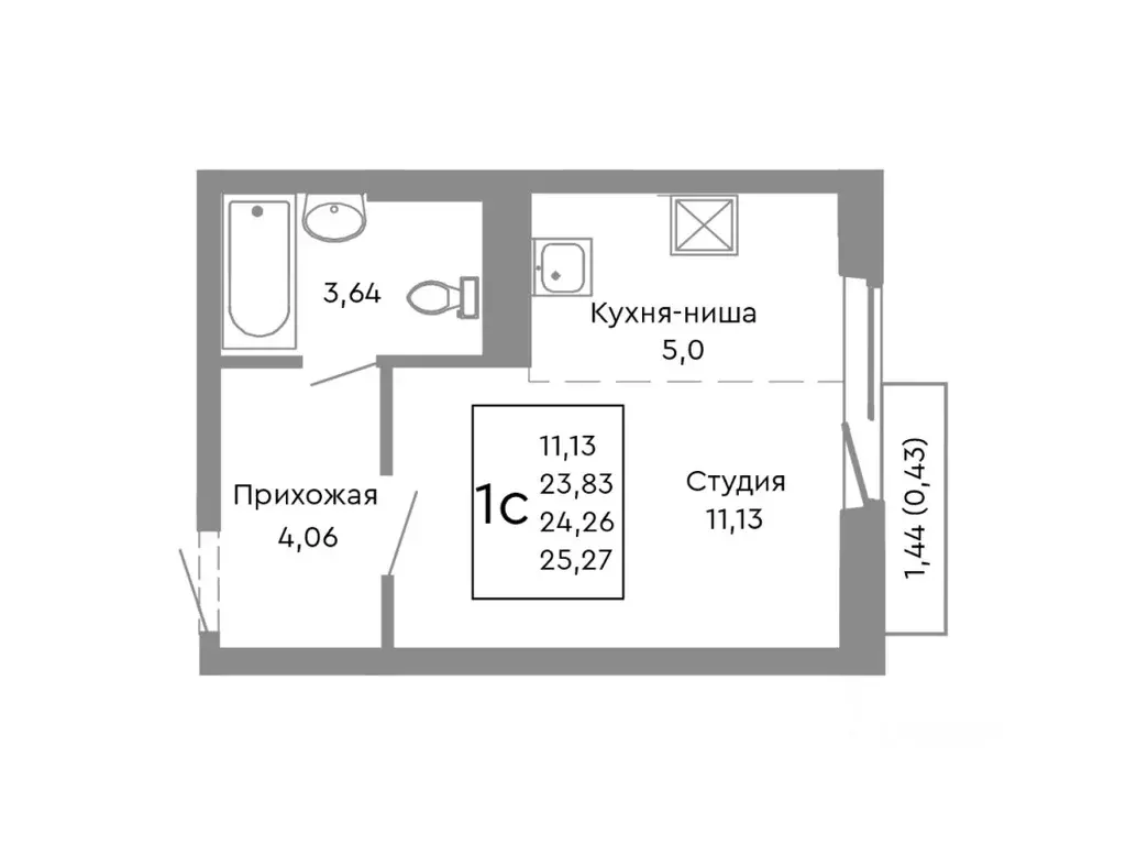 Студия Челябинская область, Челябинск Нефтебазовая ул., 1-13 (24.26 м) - Фото 1