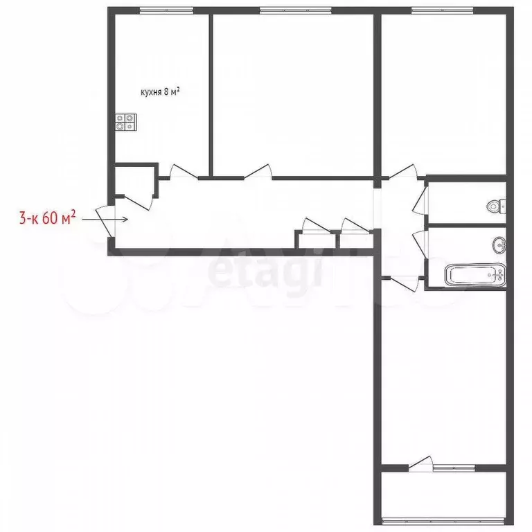 3-к. квартира, 58,1 м, 9/9 эт. - Фото 0
