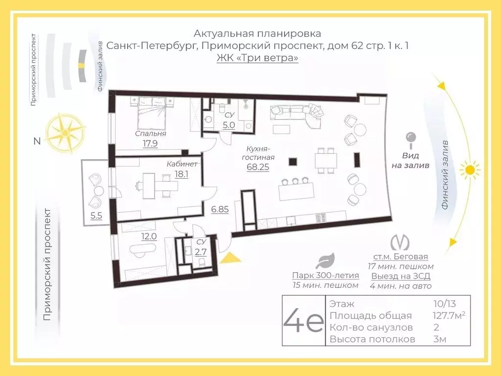 3-к кв. Санкт-Петербург Приморский просп., 62к1 (127.7 м) - Фото 2
