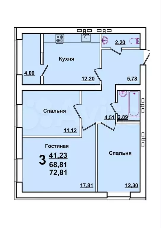 3-к. квартира, 72,8 м, 4/10 эт. - Фото 0