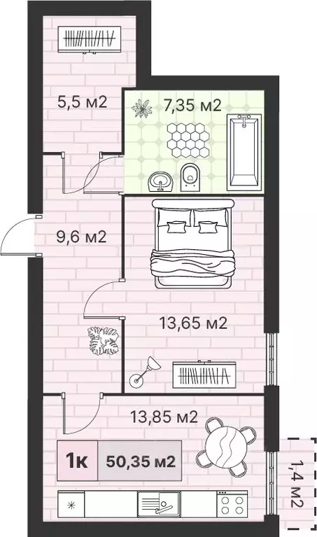 1-к кв. Калининградская область, Гурьевский муниципальный округ, пос. ... - Фото 1