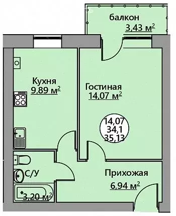 1-комнатная квартира: посёлок Родники, Садовая улица, 62/1 (35.13 м) - Фото 0