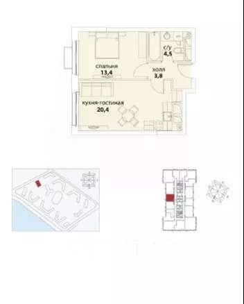 Квартира, 1 комната, 43.1 м - Фото 1