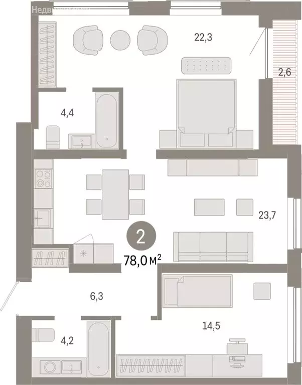 2-комнатная квартира: Новосибирск, Большевистская улица, с49 (77.96 м) - Фото 1