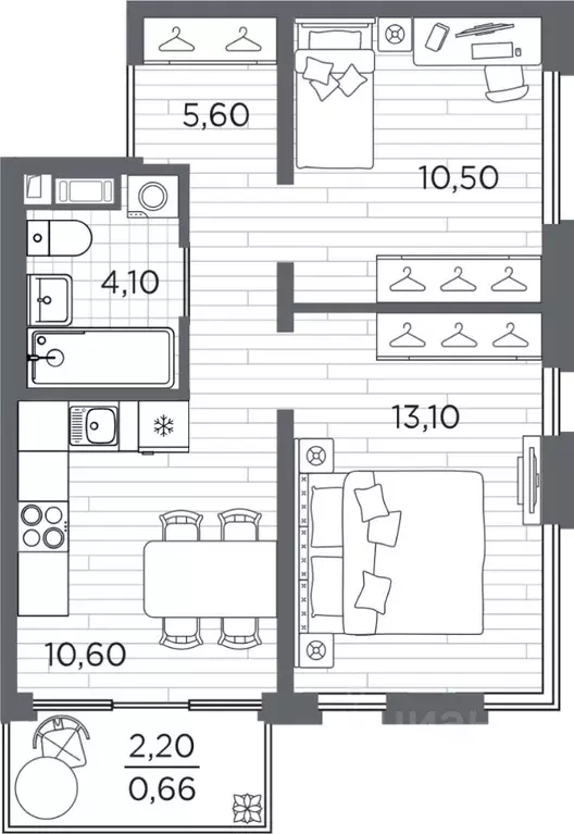 2-к кв. Санкт-Петербург Плюс Пулковский жилой комплекс (44.56 м) - Фото 1