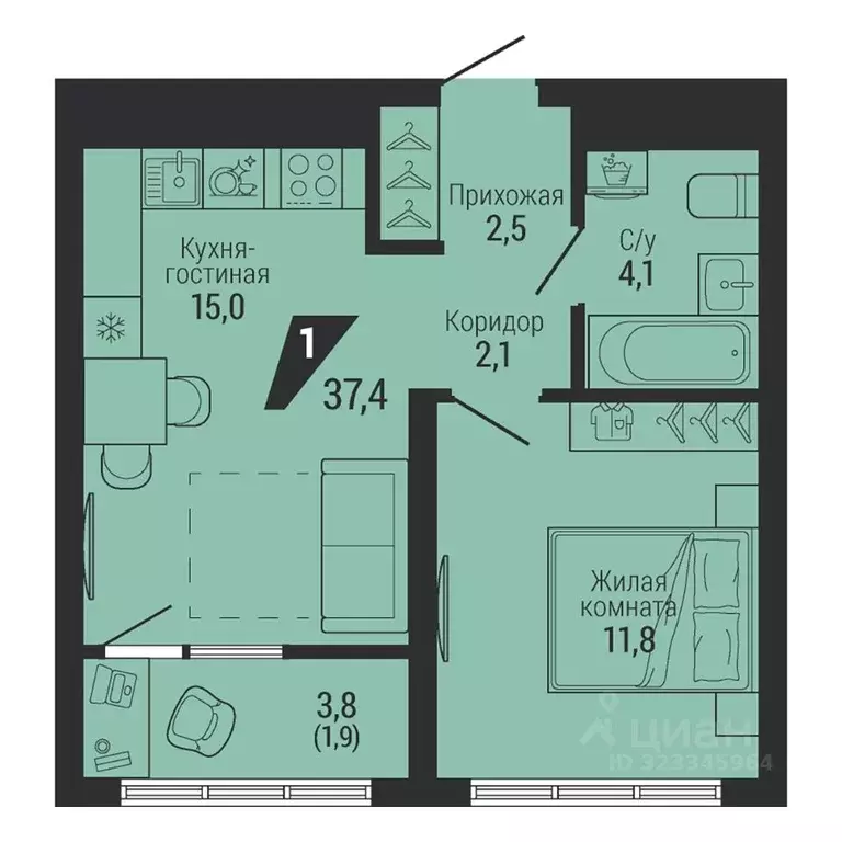1-к кв. Свердловская область, Екатеринбург Вторчермет жилрайон,  (37.4 ... - Фото 1