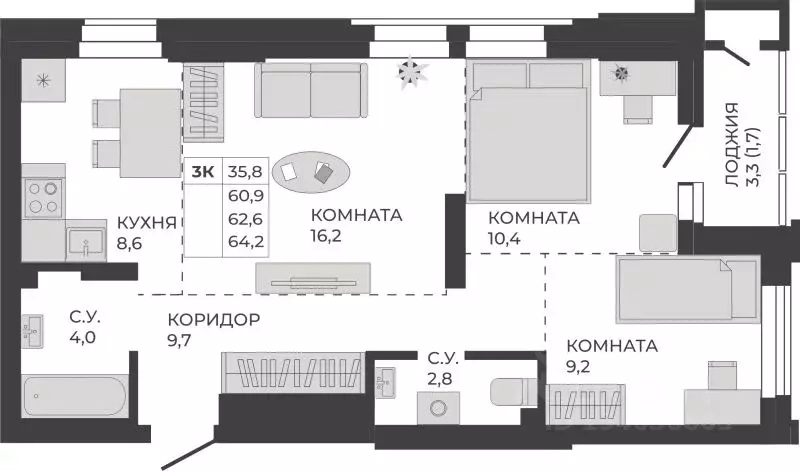 3-к кв. Алтайский край, Барнаул тракт Павловский, 251Б (62.6 м) - Фото 0