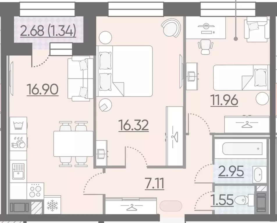 Продаётся 2-к квартира, 55.3 м - Фото 1