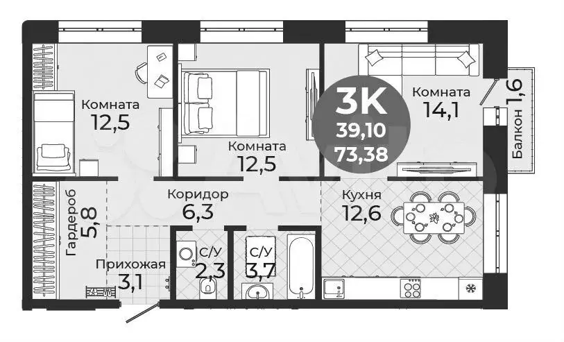 3-к. квартира, 73,4 м, 2/24 эт. - Фото 0