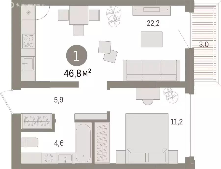 1-комнатная квартира: Тюмень, Мысовская улица, 26к1 (46.78 м) - Фото 1