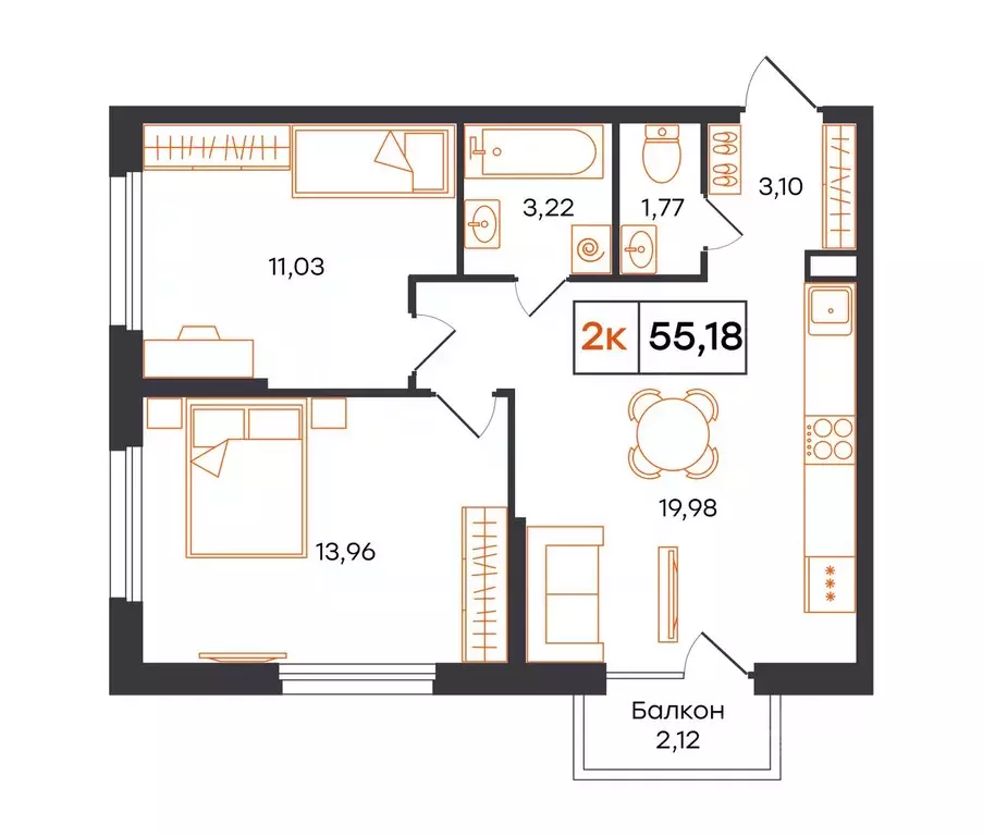 2-к кв. Тюменская область, Тюмень Фатера жилой комплекс (55.18 м) - Фото 1
