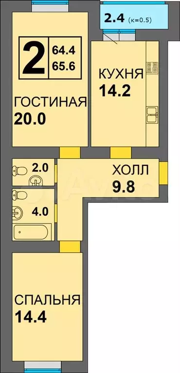 2-к. квартира, 66,6 м, 10/14 эт. - Фото 1