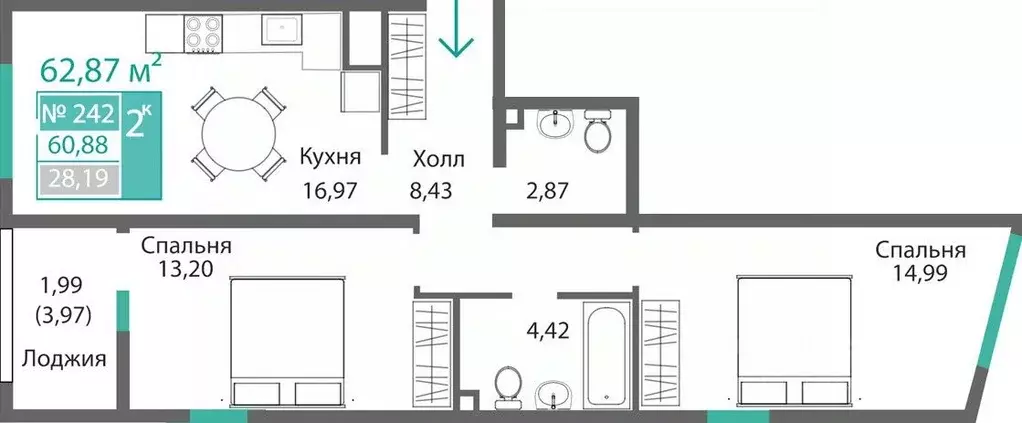 2-к кв. Крым, Симферополь Крымская роза мкр,  (62.87 м) - Фото 0