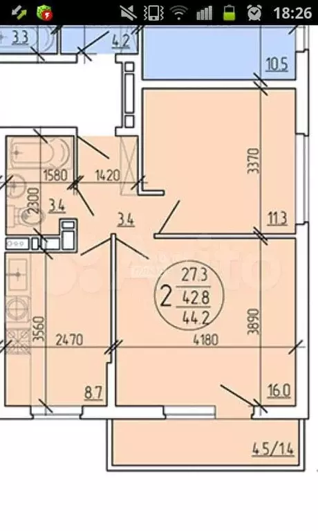 2-к. квартира, 44 м, 4/8 эт. - Фото 0