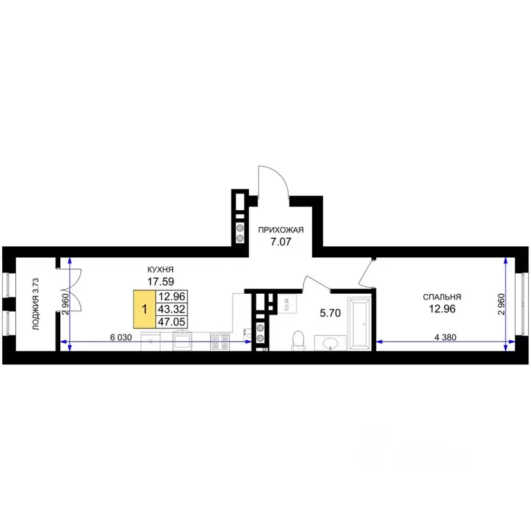 1-к кв. Калининградская область, Гурьевск Включи жилой комплекс (45.19 ... - Фото 1