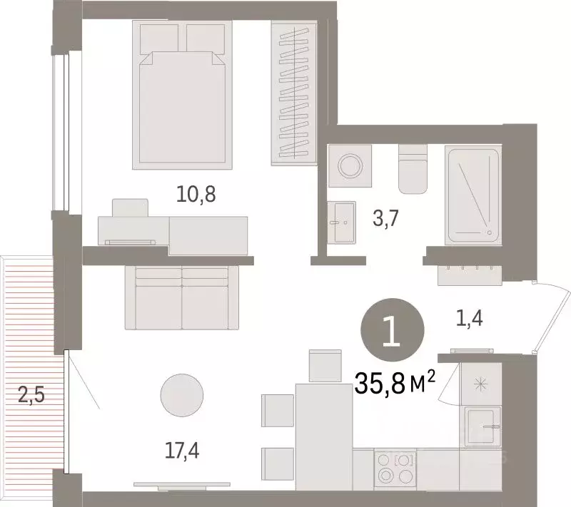 1-к кв. Липецкая область, Липецк пл. Петра Великого, 1 (35.8 м) - Фото 1