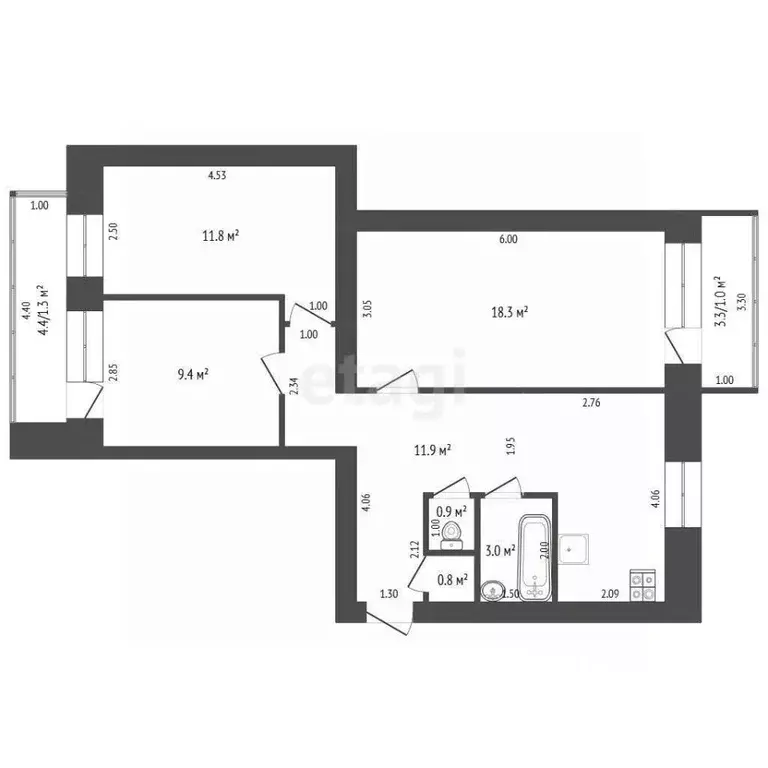 3-к кв. Ханты-Мансийский АО, Ханты-Мансийск ул. Гагарина, 51 (68.2 м) - Фото 2