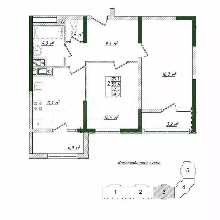 2-к. квартира, 59 м, 5/19 эт. - Фото 0