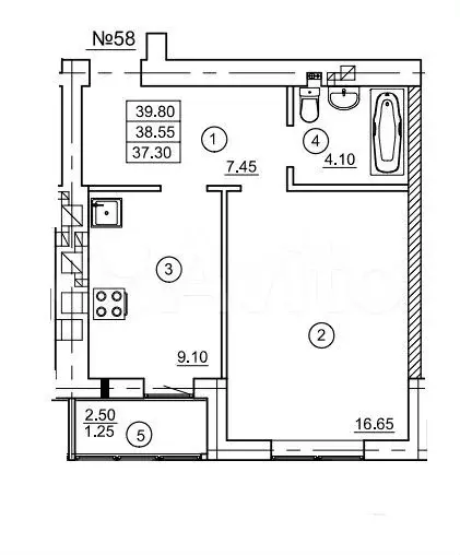 1-к. квартира, 38,6 м, 6/9 эт. - Фото 1