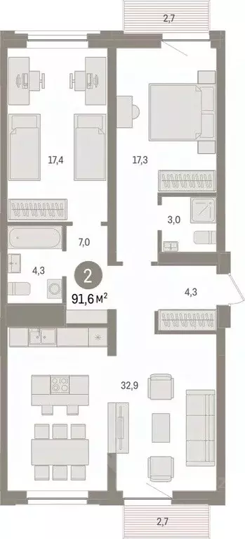 2-к кв. Тюменская область, Тюмень Речной Порт жилой комплекс (91.4 м) - Фото 2