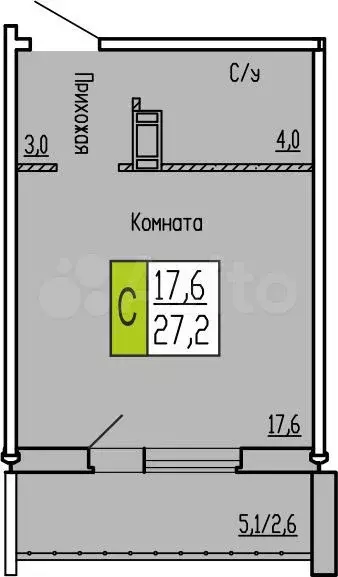 Квартира-студия, 27,2 м, 2/10 эт. - Фото 0