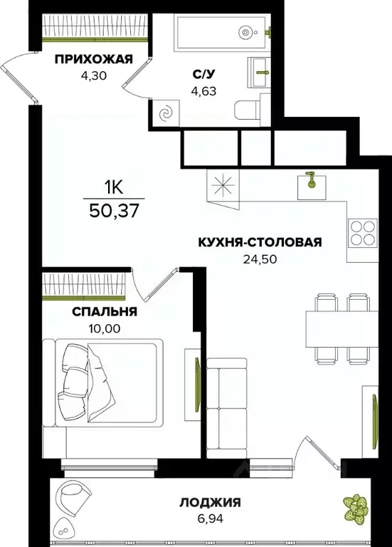 1-к кв. Тульская область, Тула ул. Академика Насоновой, 22 (50.37 м) - Фото 1