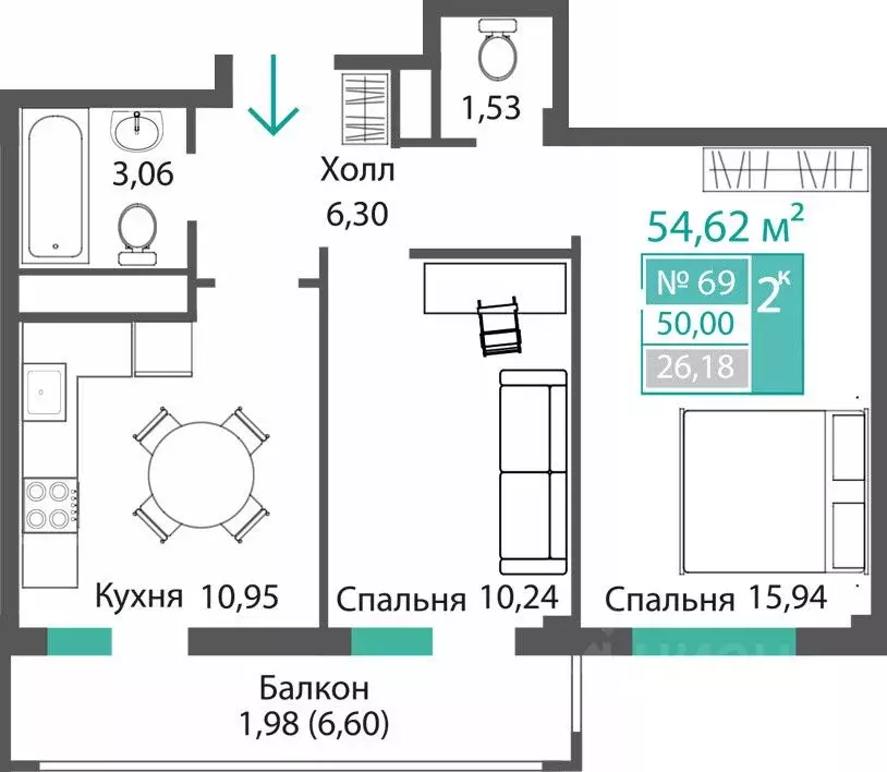 2-к кв. Крым, Симферопольский район, с. Мирное ПроПолис жилой комплекс ... - Фото 1