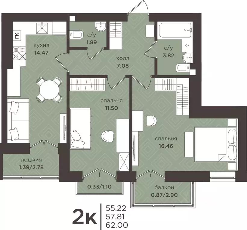 2-к кв. Калининградская область, Гурьевск  (57.81 м) - Фото 1